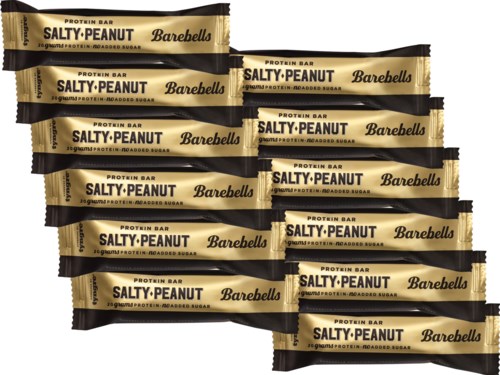 Multiple protein bars labeled as Salty Peanut by Barebells are stacked together.