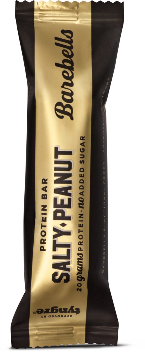 A protein bar wrapped in black and gold package, labeled as salty peanut flavor with no added sugar.