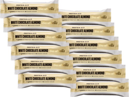 A row of eight White Chocolate Almond protein bars, with white, gold, and black packaging, labeled as containing 20 grams of protein.