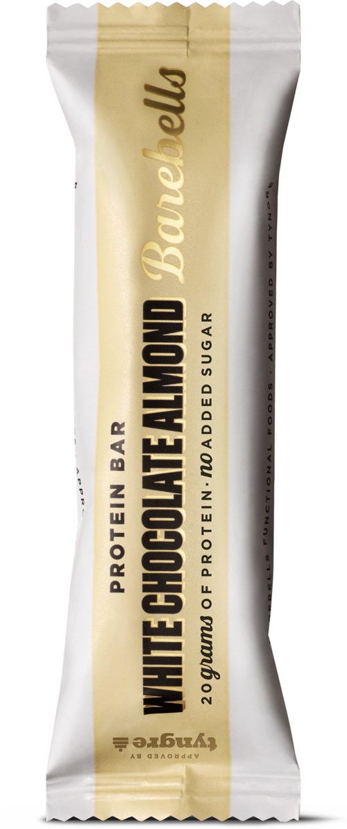 A wrapped protein bar called White Chocolate Almond by Barebells, with 20g protein and no added sugar.