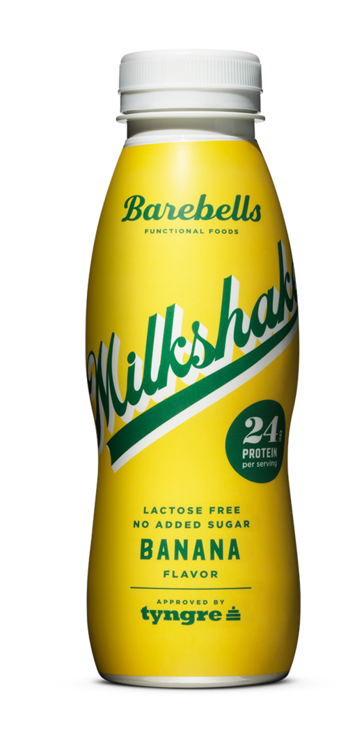 Yellow bottle with green and white text, says Barebells Milkshake with banana flavor, lactose-free, no added sugar, 24 grams protein.