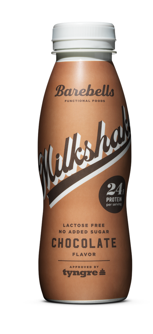 A chocolate-flavored drink bottle without lactose or added sugar, approved by tyngre, and contains 20 grams of protein.