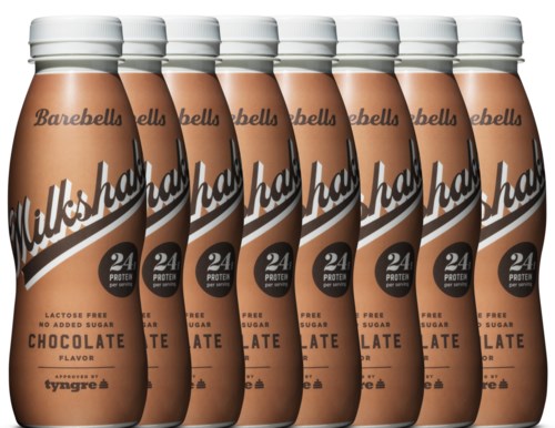 Six bottles of chocolate-flavored protein drink called Milksha, labeled as lactose-free and no added sugar.