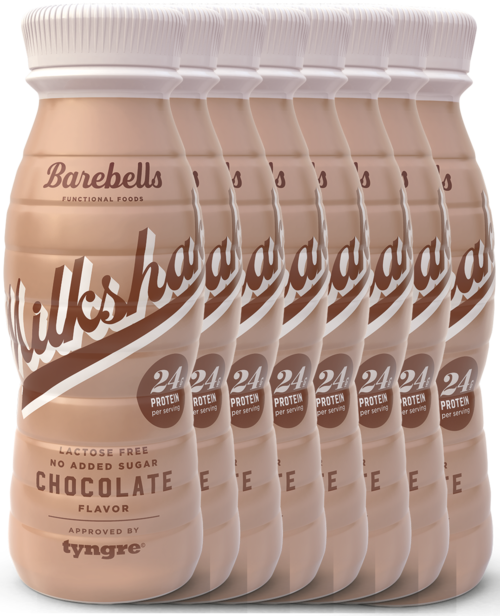 Six bottles of Barebells milkshake with chocolate flavor, lactose free, no added sugar, and 24g protein each.