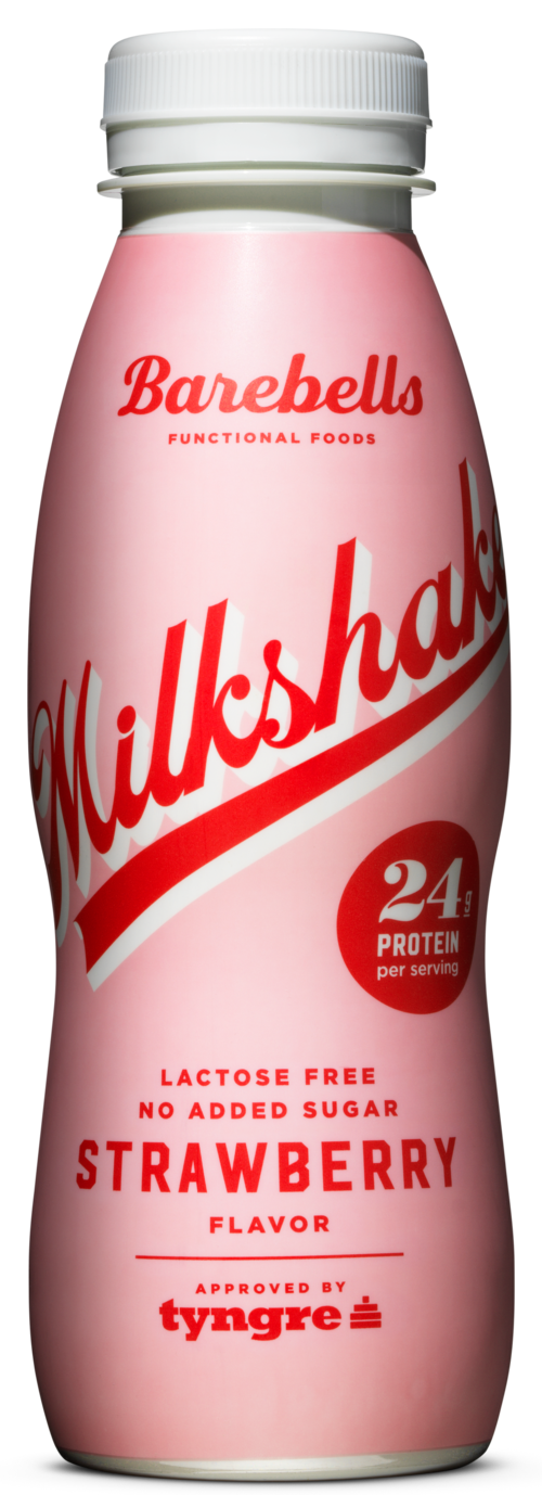Pink bottle labeled 'Milkshake' with strawberry flavor, lactose free, no added sugar, 24g protein, approved by Tyngre.
