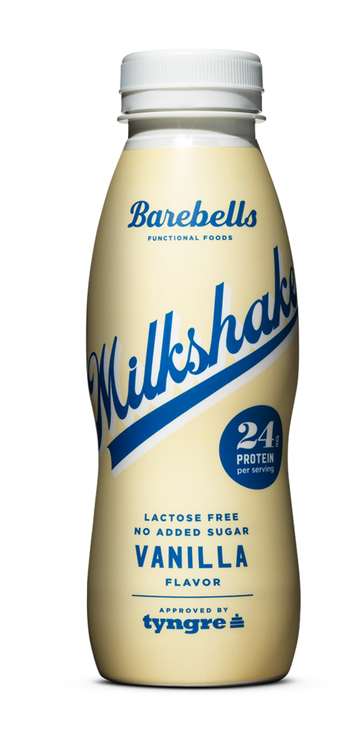 A vanilla-flavored drink with 24 grams of protein, lactose-free, no added sugar, in a beige bottle with blue text.