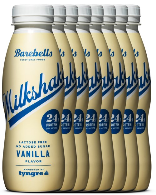 Six bottles of vanilla flavored lactose-free milkshakes with no added sugar and high protein content.