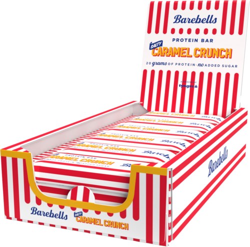En låda med flera proteinstavar märkta "Caramel Crunch" och röda och vita ränder.
