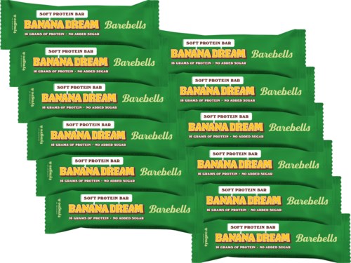 Green packaging of banana-flavored protein bars, labeled with product name and branding details.