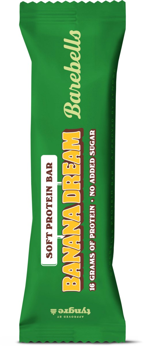 Green protein bar wrapper with yellow and white text, says 'BANANA DREAM' and has no added sugar.