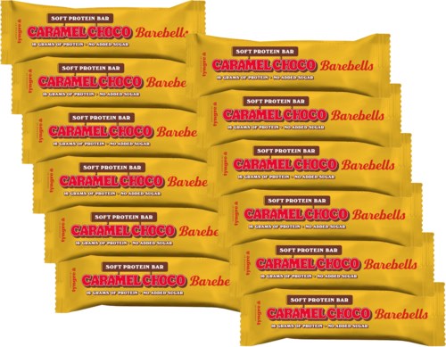 A lineup of ten yellow protein snack bars labeled 'Caramel Choco Barebells,' with red and black text, stacked in two rows.