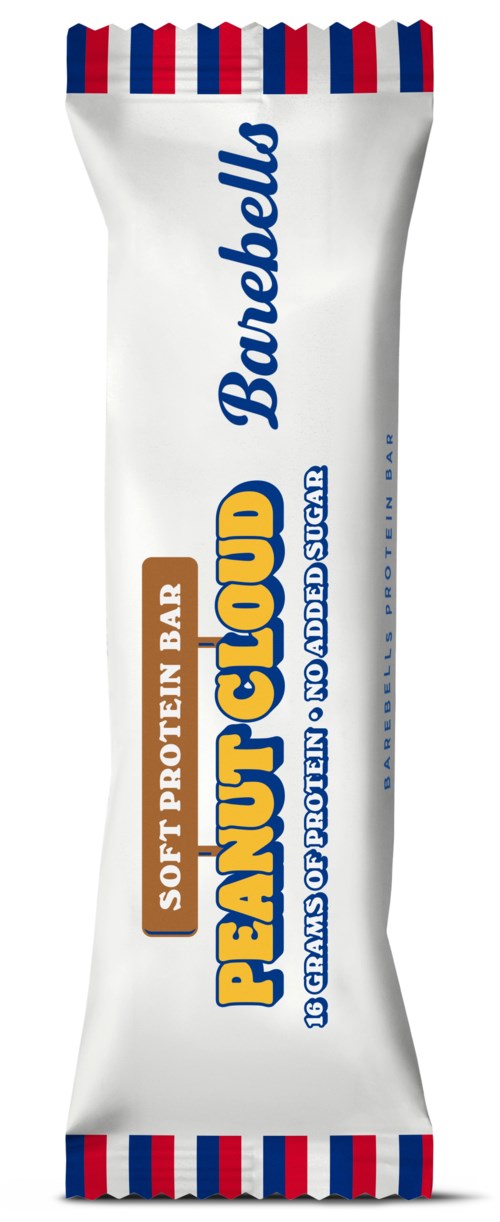 Ett vitt proteinbar-omslag med blå, röda och gula accenter och orden Babybel, PEANUT CLOUD och soft protein bar.
