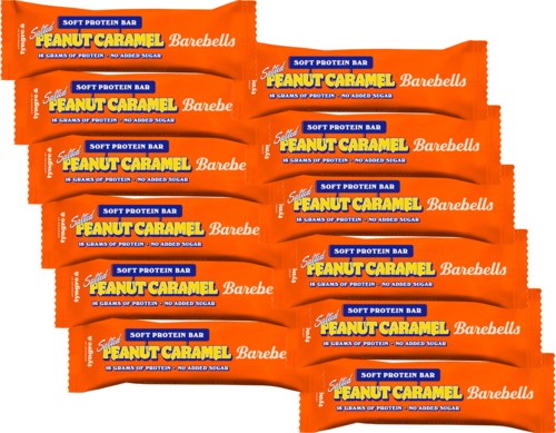 Several peanut caramel protein bars in orange packaging labeled 'Barebells' and 'Soft Protein Bar'.