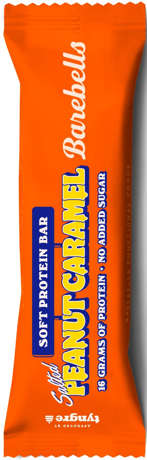 Orange snack bar with blue and yellow label, says 'Peanut Caramel', no added sugar, soft protein, for energy.