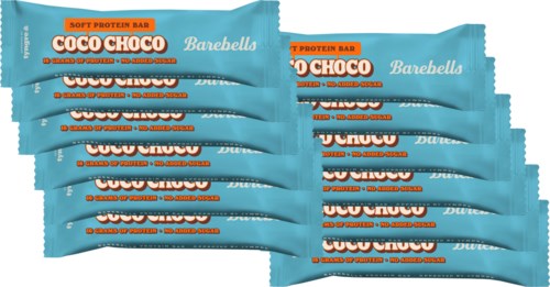 Seks blå Barebells Coco Choco proteinbarer vises, med lysende oransje og hvit tekst på emballasjen.