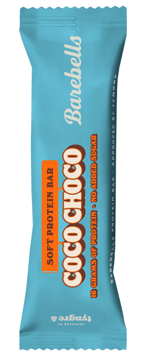A blue protein bar wrapper with orange and white text saying "Gogo Choco" and "Soy Protein Bar."