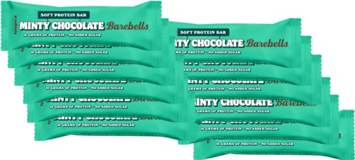 Flere grønne pakker med Minty Chocolate biasbarer stablet sammen i en rad.