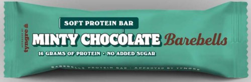 Grønn proteinbar merket "Minty Chocolate Barebells", inneholder 16 gram protein, ingen tilsatt sukker, godkjent av Tynes.