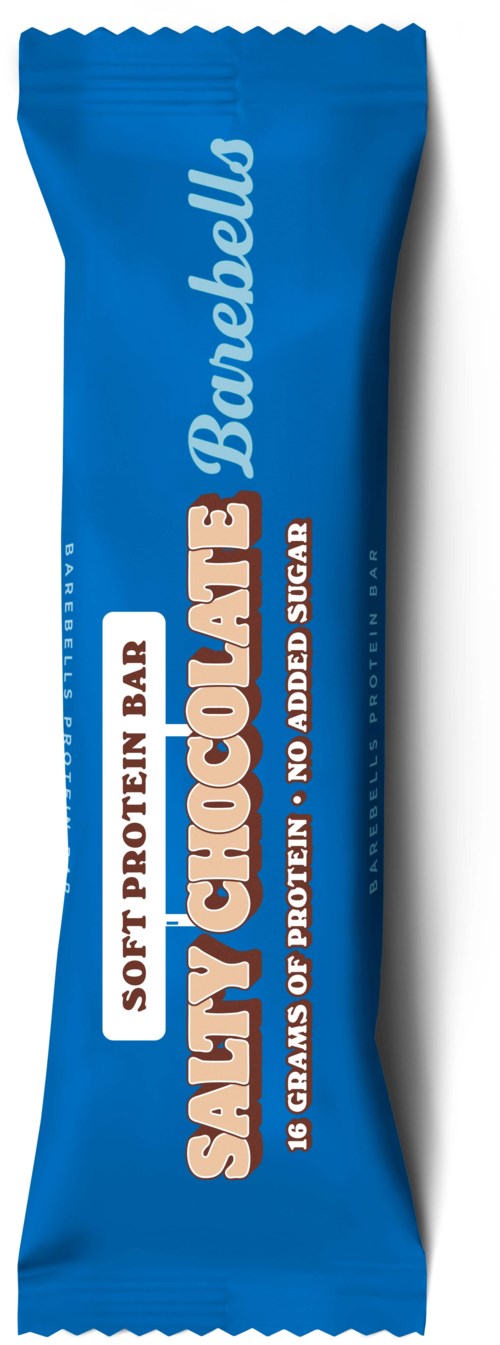 Blue protein bar package with white and brown text, indicating it's a salty chocolate flavor with no added sugar.