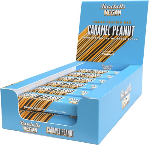 Vegan protein bars labeled caramel peanut, high protein, no added sugar, in a blue box with gold and black stripes.