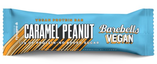 Vegan protein bar labeled caramel peanut with blue packaging and bold text, indicating no added sugar and high protein content.