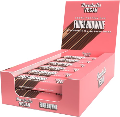 A pink display box holds multiple vegan protein bars labeled Fudge Brownie, with text about high protein and no added sugar.