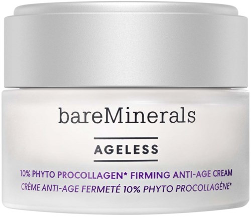 A white, round jar of bareMinerals Ageless anti-age cream with purple and black text on the label.