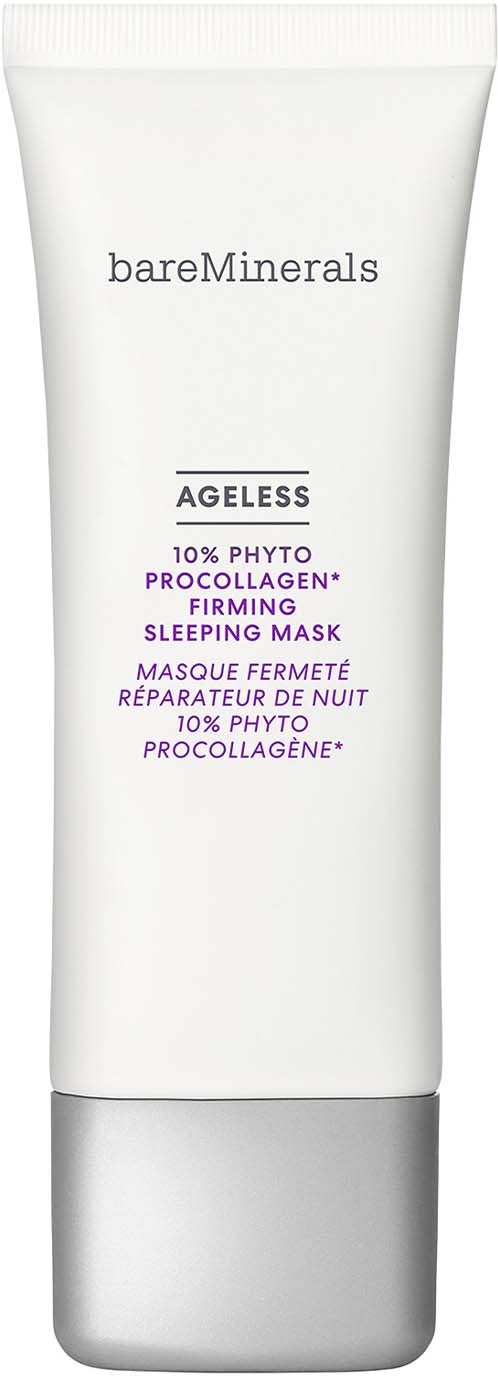 A white tube of skincare product labeled 'bareMinerals Ageless 10% Phyto Procollagen Sleeping Mask' with purple text.