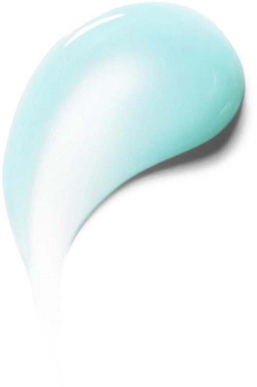A light blue drop of liquid or gel with a shiny surface and smooth shape.