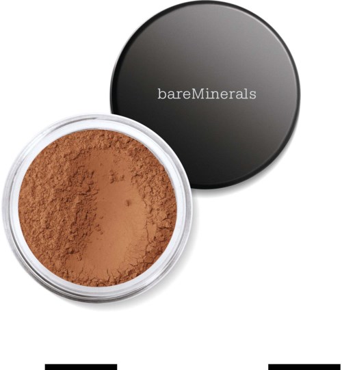 BareMinerals loose powder foundation in a round container with a black lid, light brown color.