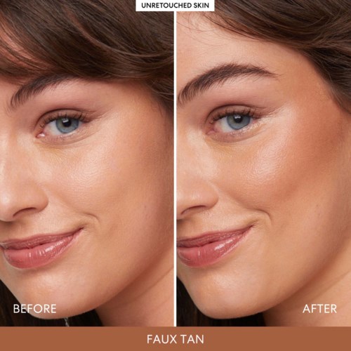 A woman's face shows a comparison of skin with and without a faux tan, highlighting smoother, darker skin after the tan.