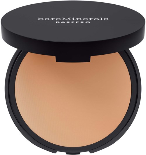 A compact with a beige powder inside, labeled 'bareMinerals BAREPRO'.