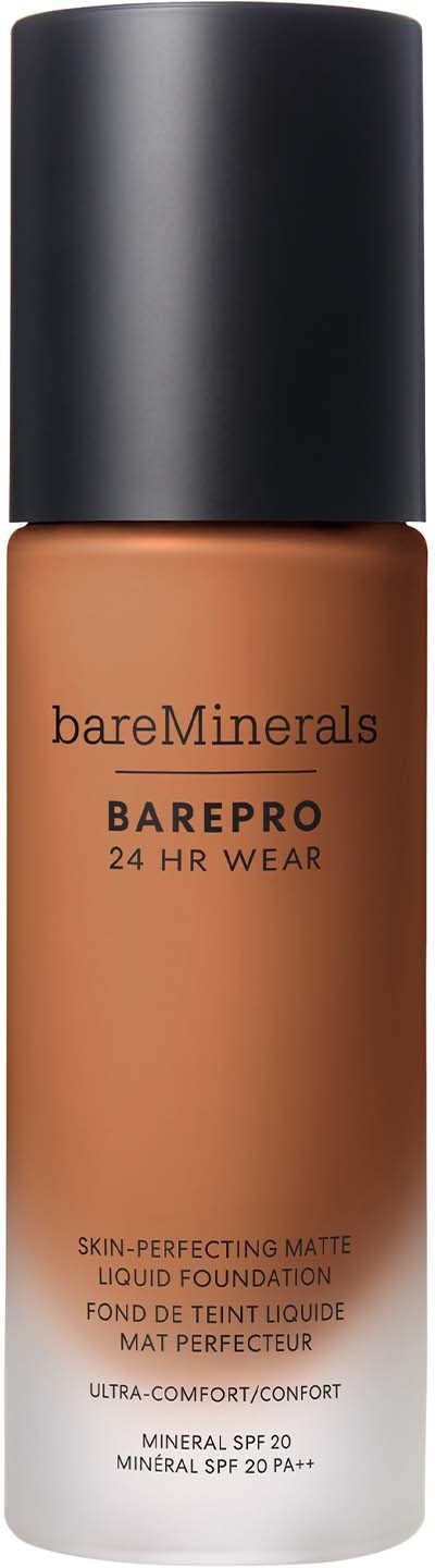 A bottle of bareMinerals BarePro liquid foundation with SPF 20, labeled 24-hour wear, in skin-tone color.
