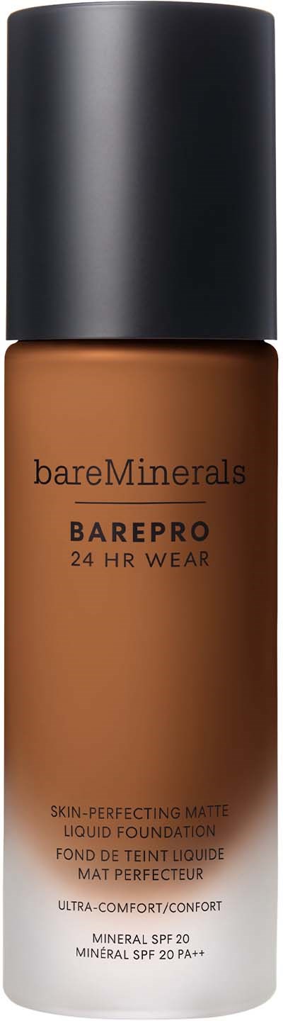 A bottle of BareMinerals BarePRO liquid foundation with a black cap and brown bottle. It offers 24-hour wear and SPF 20 protection.