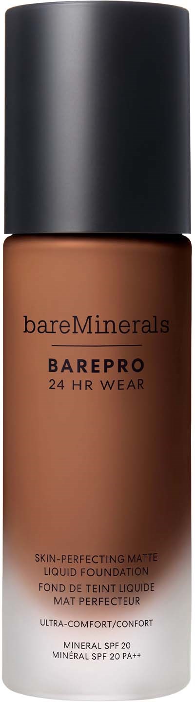 A brown foundation bottle with a black cap, labeled good for 24-hour wear by bareMinerals.