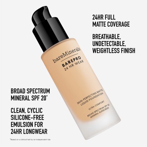 Bottle of BareMinerals foundation with SPF, highlighting full coverage, breathable, weightless, and long-lasting matte finish.