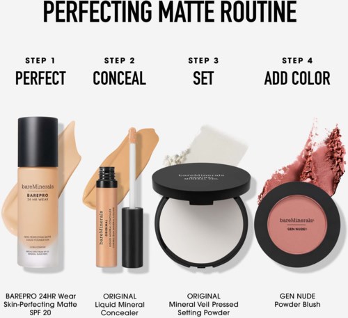 Four makeup steps: perfect the skin, conceal imperfections, set makeup, add blush for a natural look.