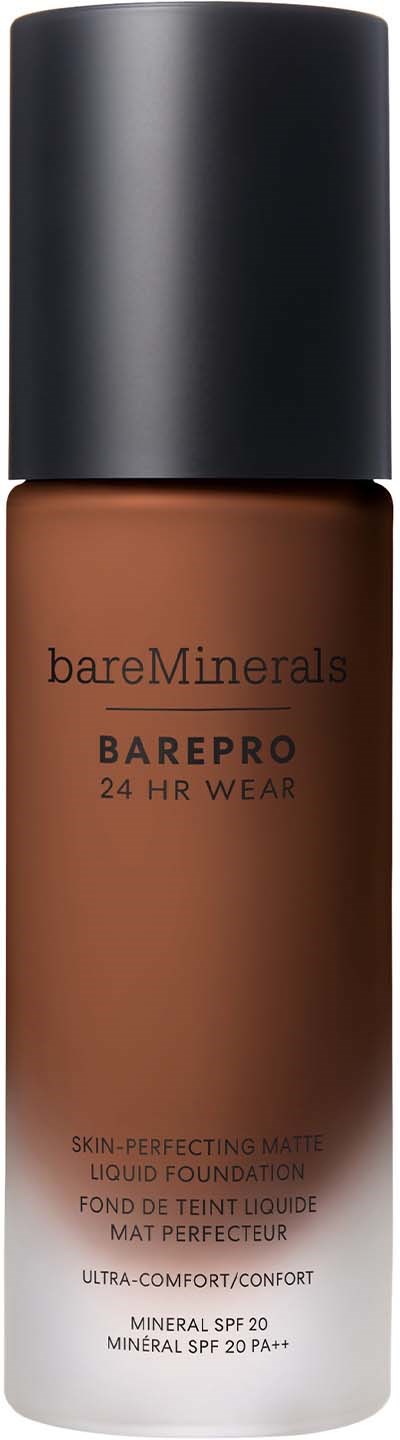 A bottle of BareMinerals BarePro liquid foundation with SPF 20 and a black cap.