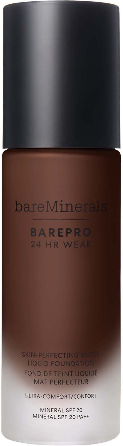 A brown liquid foundation bottle with black cap and bareMinerals branding, labeled BAREPRO, 24 HR WEAR, and SPF 20.