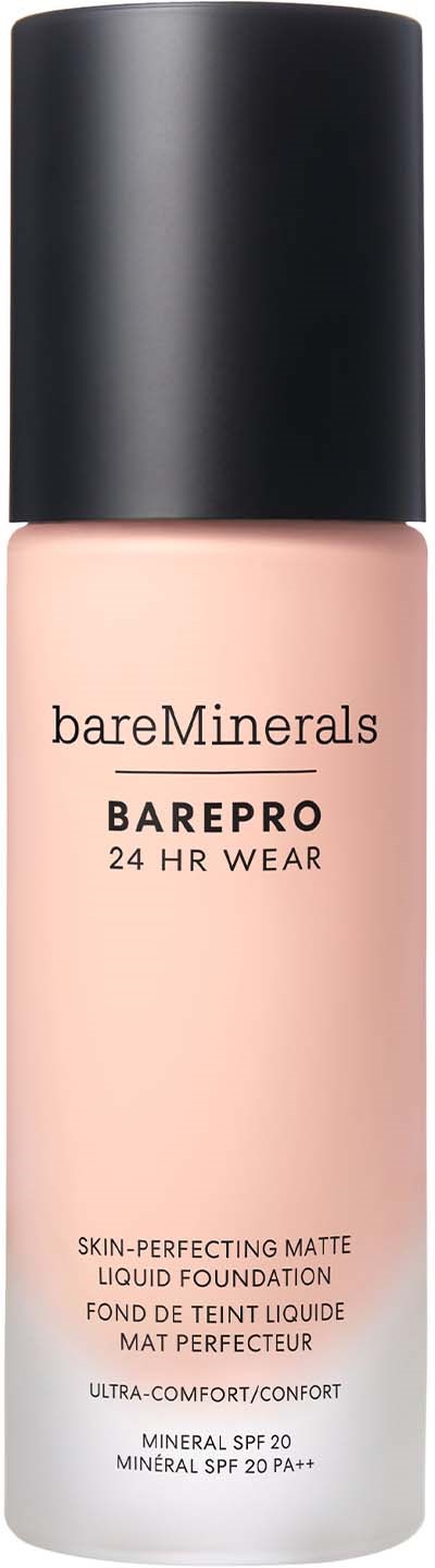 BareMinerals BarePro liquid foundation, bottle with pink liquid, black cap, SPF 20, matte finish.