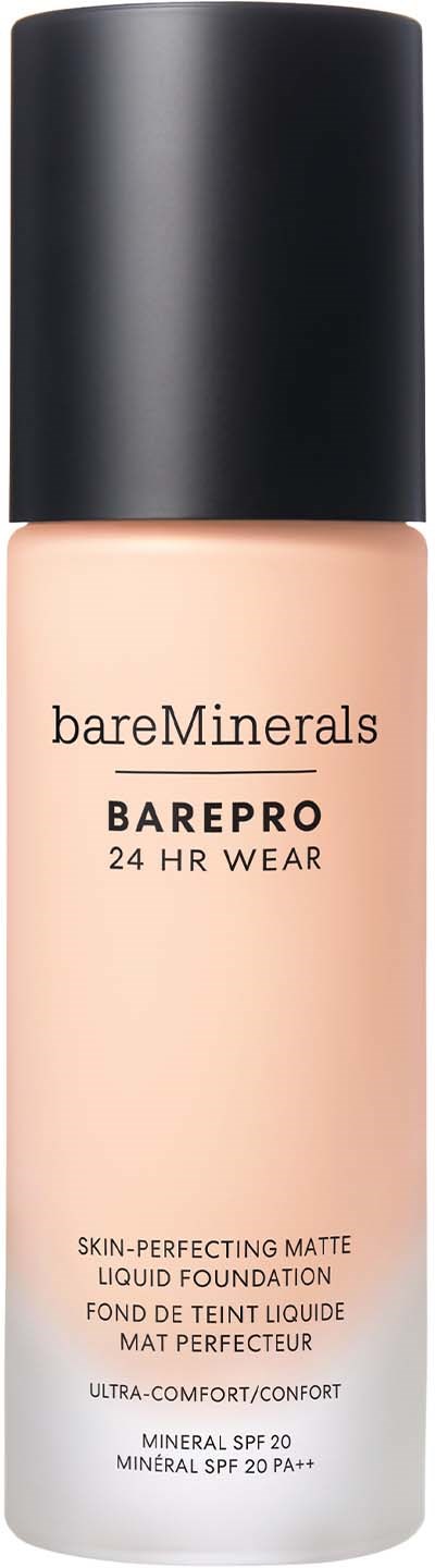 A beige liquid foundation bottle with a black cap from bareMinerals, labeled BAREPRO for 24-hour wear.