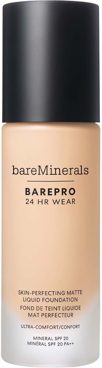 A beige liquid foundation bottle with a black cap, labeled 'bareMinerals BAREPRO 24 HR WEAR', SPF 20.