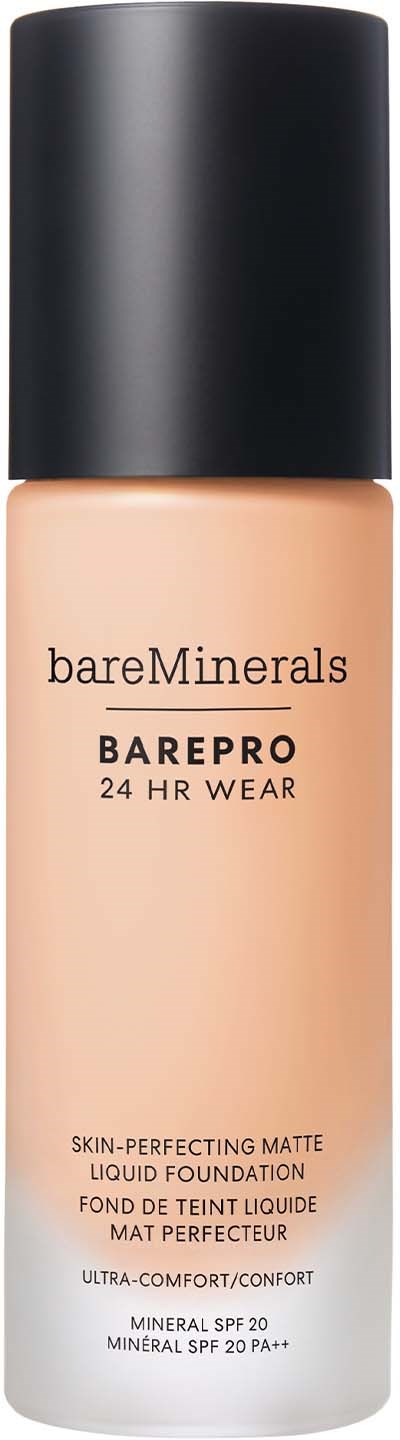 A foundation bottle with a black cap and beige liquid inside, labeled 'bareMinerals BAREPRO 24 HR WEAR'.