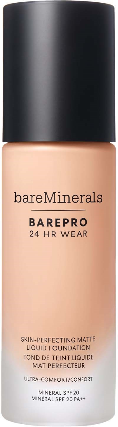 BareMinerals BarePro liquid foundation bottle with SPF 20. Black cap and pinkish-beige bottle.