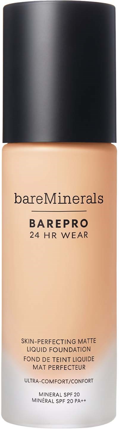 BareMinerals BarePro liquid foundation in a bottle with a black cap, beige color, and black text.
