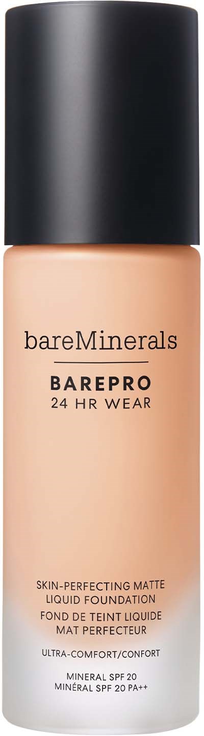 A bottle of bareMinerals BAREPRO liquid foundation with a black cap and beige body. It mentions 24-hour wear and SPF 20.