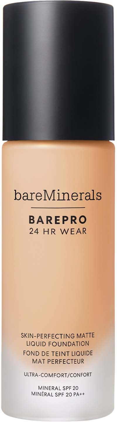 A beige liquid foundation bottle with a black cap, labeled 'bareMinerals BAREPRO 24 HR WEAR' and SPF 20.
