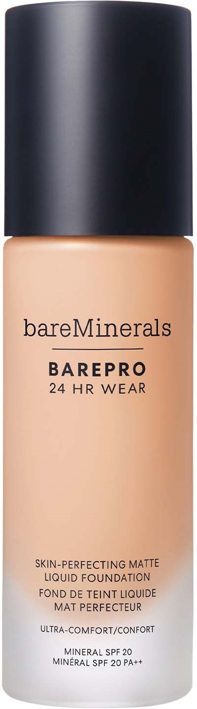 A foundation bottle with black cap, beige liquid, and text about BareMinerals product and SPF.