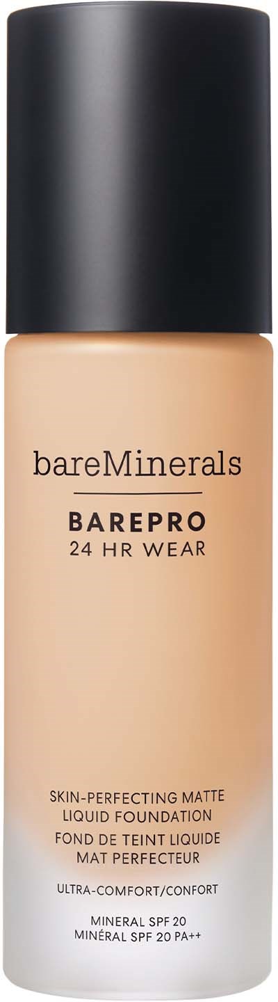 A beige liquid foundation bottle with black cap, labeled 'bareMinerals BAREPRO 24 HR WEAR' and SPF 20.