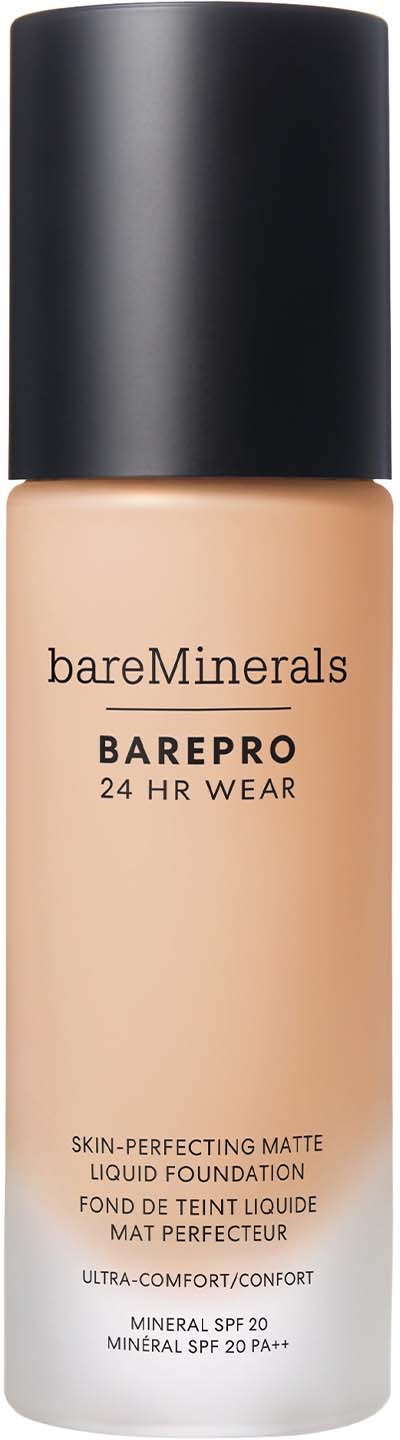 BareMin­er­als BarePro liquid foundation bottle with SPF 20, labeled as skin-perfecting matte, in a beige shade.